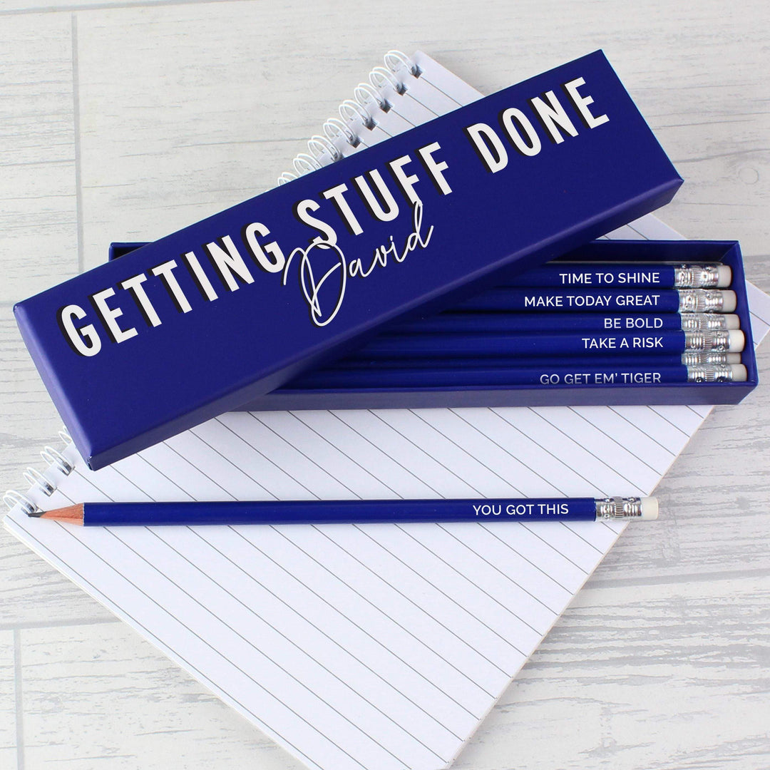 Personalised Memento Personalised Getting Stuff Done Box and 12 Blue HB Pencils