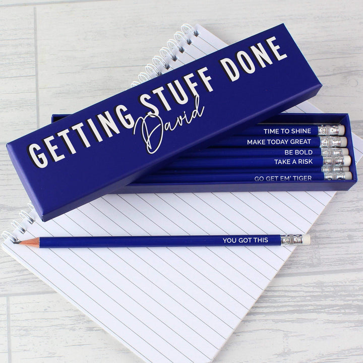 Personalised Memento Personalised Getting Stuff Done Box and 12 Blue HB Pencils