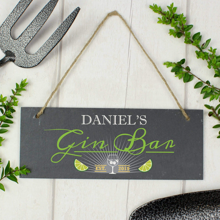 Personalised Memento Slate Personalised "Gin Bar” Printed Hanging Slate Plaque