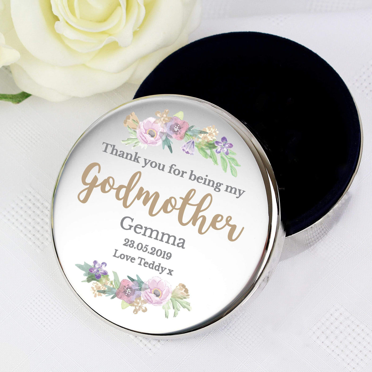Personalised Memento Personalised Godmother 'Floral Watercolour' Round Trinket Box
