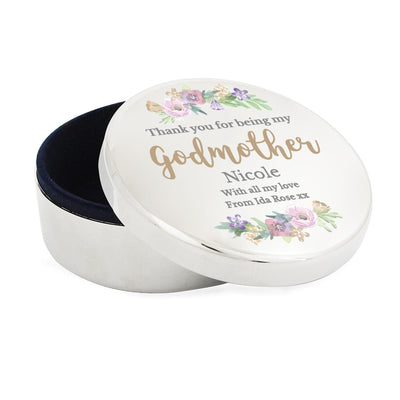 Personalised Memento Personalised Godmother 'Floral Watercolour' Round Trinket Box