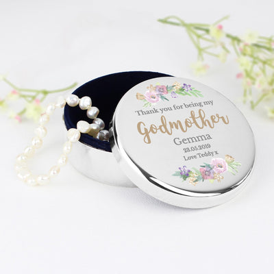 Personalised Memento Personalised Godmother 'Floral Watercolour' Round Trinket Box