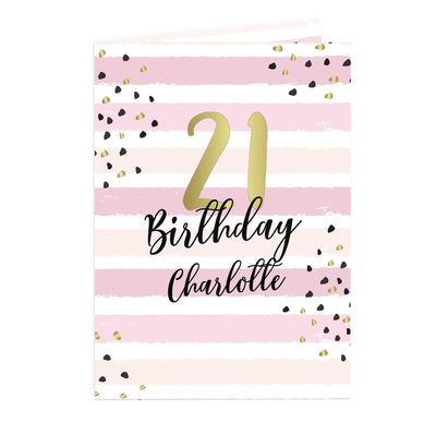 Personalised Memento Greetings Cards Personalised Gold and Pink Stripe Birthday Card