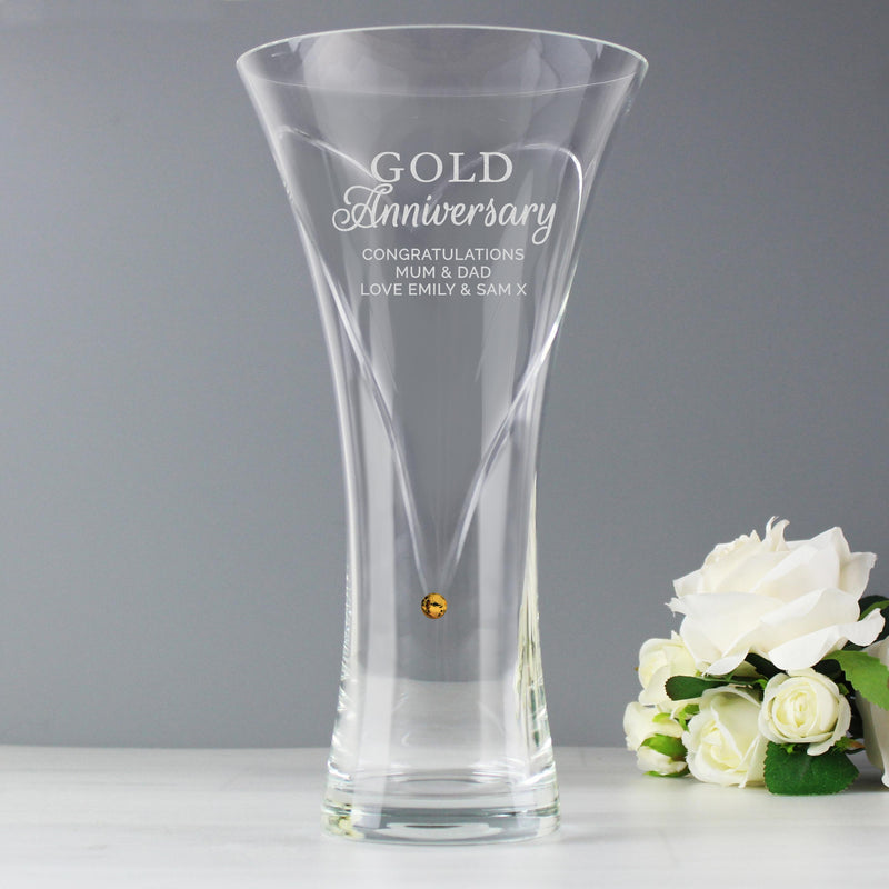 Personalised Memento Personalised Gold Anniversary Large Hand Cut Diamante Heart Vase with Swarovski Elements