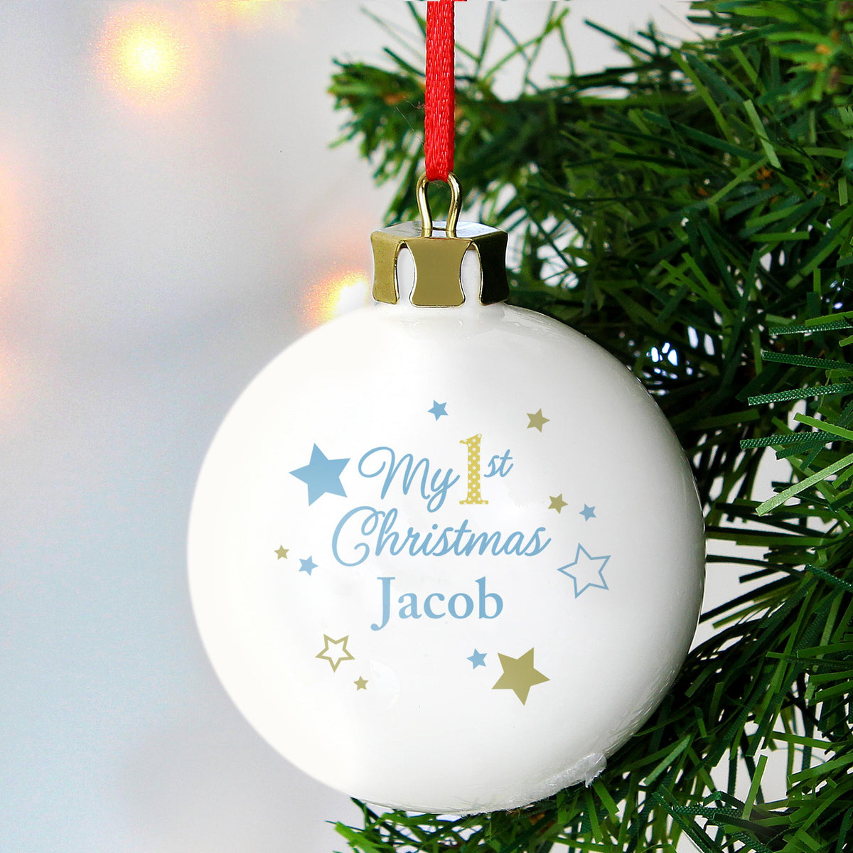 Personalised Memento Personalised Gold & Blue Stars My 1st Christmas Bauble