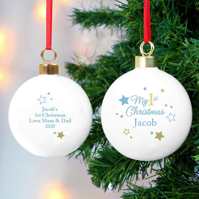 Personalised Memento Personalised Gold & Blue Stars My 1st Christmas Bauble