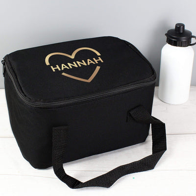 Personalised Memento Textiles Personalised Gold Heart Black Lunch Bag