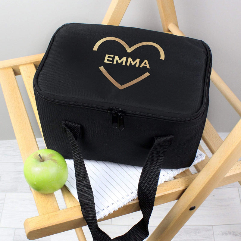 Personalised Memento Textiles Personalised Gold Heart Black Lunch Bag