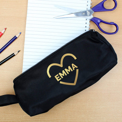 Personalised Memento Stationery & Pens Personalised Gold Heart Black Pencil Case