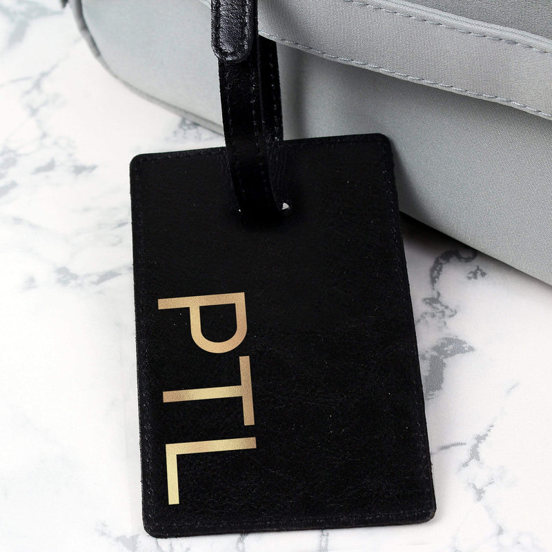 Personalised Memento Leather & Leatherette Personalised Gold Initials Black Luggage Tag