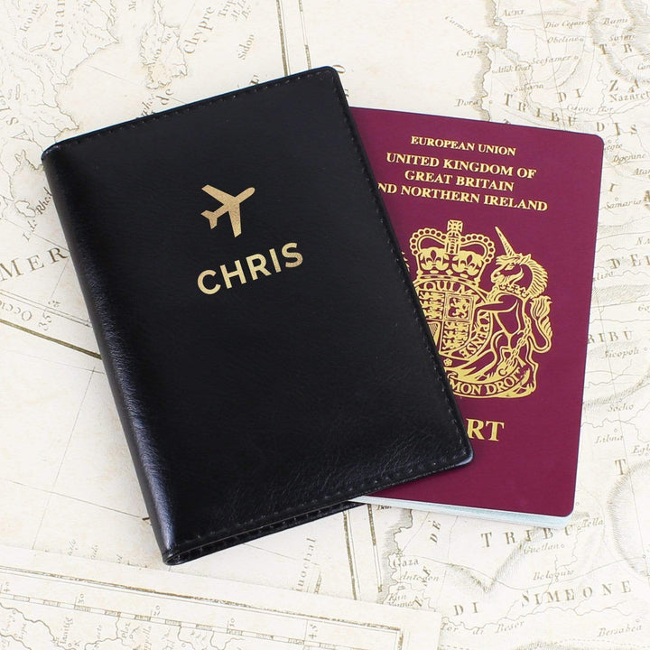 Personalised Memento Leather Personalised Gold Name Black Passport Holder