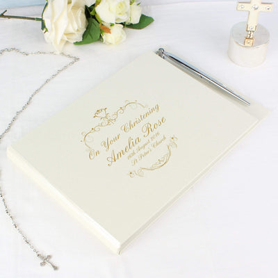 Personalised Memento Photo Frames, Albums and Guestbooks Personalised Gold Ornate Swirl Hardback Guest Book & Pen