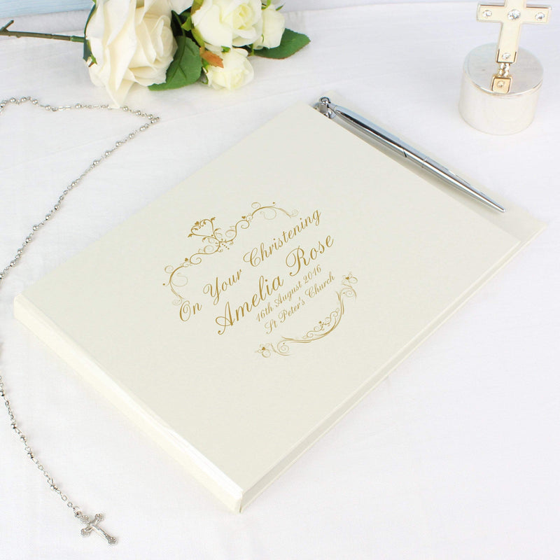 Personalised Memento Photo Frames, Albums and Guestbooks Personalised Gold Ornate Swirl Hardback Guest Book & Pen