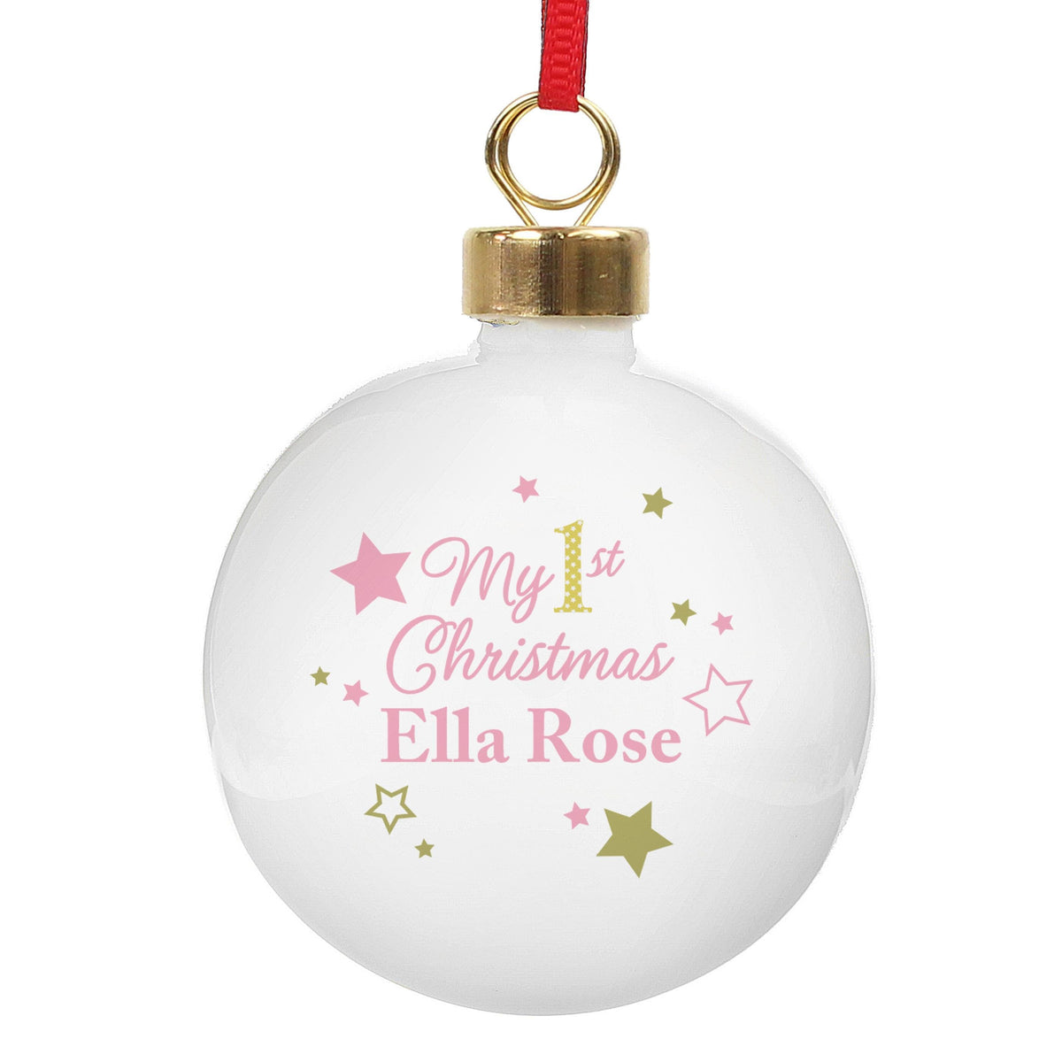 Personalised Memento Personalised Gold & Pink Stars My 1st Christmas Bauble