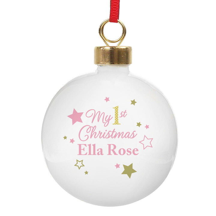 Personalised Memento Personalised Gold &amp; Pink Stars My 1st Christmas Bauble