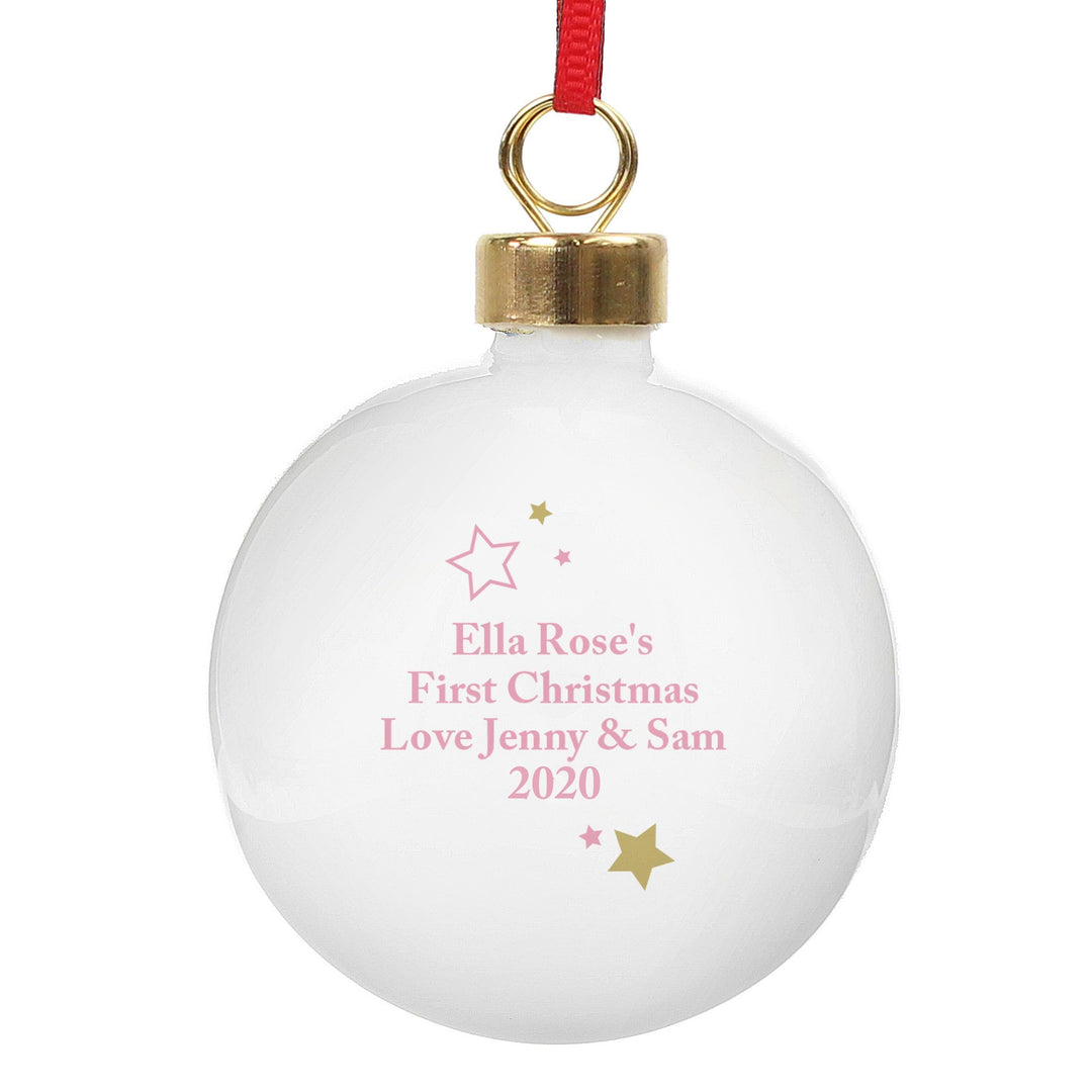 Personalised Memento Personalised Gold &amp; Pink Stars My 1st Christmas Bauble