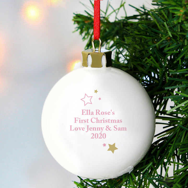 Personalised Memento Personalised Gold &amp; Pink Stars My 1st Christmas Bauble