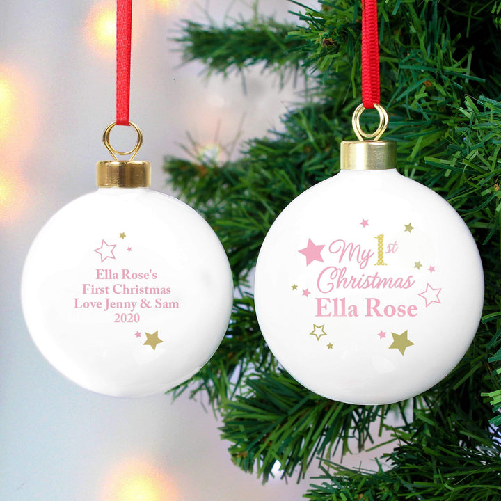 Personalised Memento Personalised Gold &amp; Pink Stars My 1st Christmas Bauble