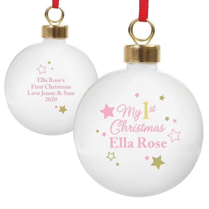 Personalised Memento Personalised Gold &amp; Pink Stars My 1st Christmas Bauble