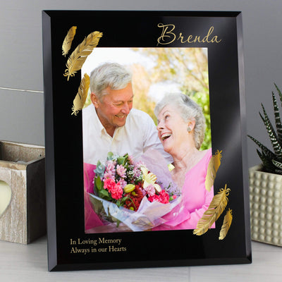 Personalised Memento Photo Frames, Albums and Guestbooks Personalised Golden Feather 5x7 Black Glass Photo Frame