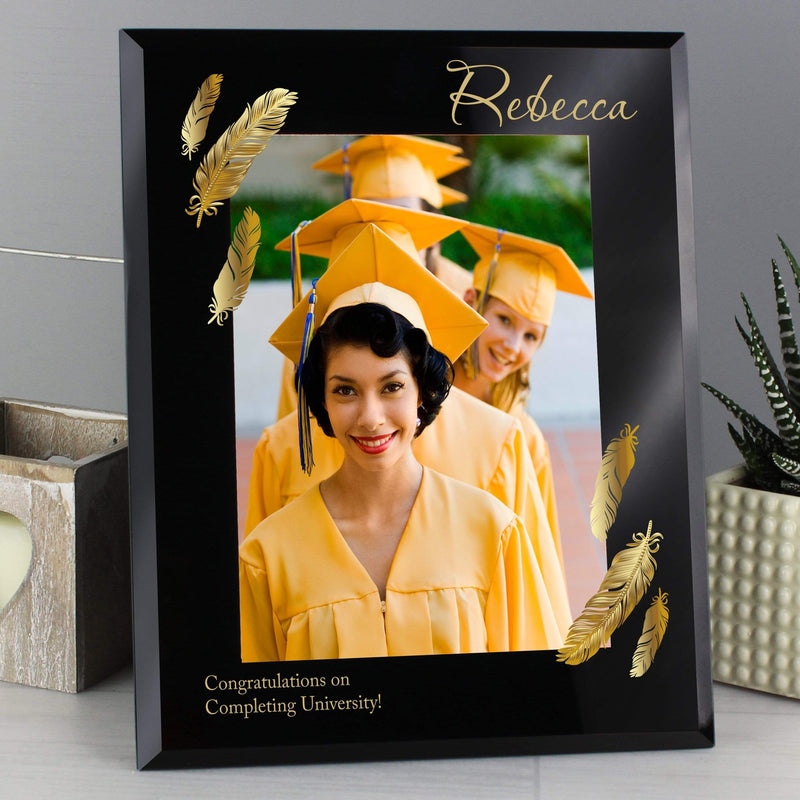 Personalised Memento Photo Frames, Albums and Guestbooks Personalised Golden Feather 5x7 Black Glass Photo Frame