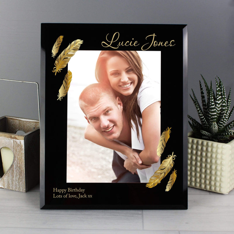Personalised Memento Photo Frames, Albums and Guestbooks Personalised Golden Feather 5x7 Black Glass Photo Frame