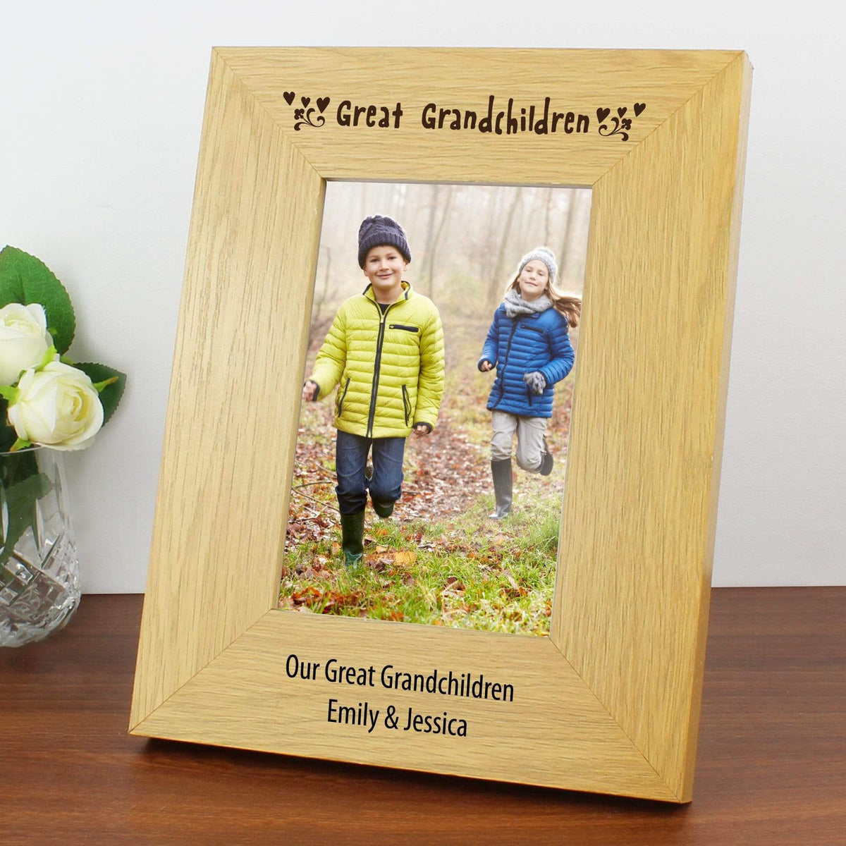 Personalised Memento Wooden Personalised Great Grandchildren 4x6 Oak Finish Photo Frame
