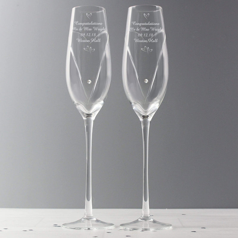 Personalised Memento Glasses & Barware Personalised Hand Cut Little Hearts Pair of Flutes with Swarovski Elements with Gift Box
