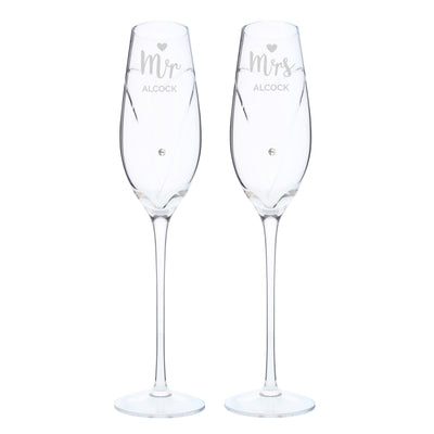 Personalised Memento Glasses & Barware Personalised Hand Cut Mr & Mrs Pair of Flutes with Swarovski Elements in Gift Box
