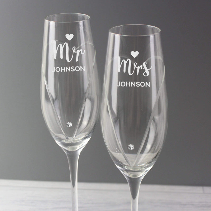 Personalised Memento Glasses & Barware Personalised Hand Cut Mr & Mrs Pair of Flutes with Swarovski Elements in Gift Box