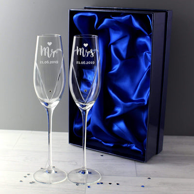 Personalised Memento Glasses & Barware Personalised Hand Cut Mr & Mrs Pair of Flutes with Swarovski Elements in Gift Box