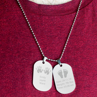 Personalised Memento Jewellery Personalised Hands and Feet New Baby Stainless Steel Double Dog Tag Necklace