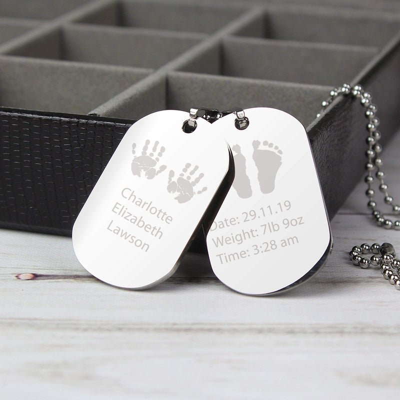 Personalised Memento Jewellery Personalised Hands and Feet New Baby Stainless Steel Double Dog Tag Necklace
