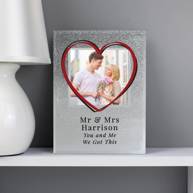 Personalised Memento Personalised Heart 4x4 Glitter Glass Photo Frame