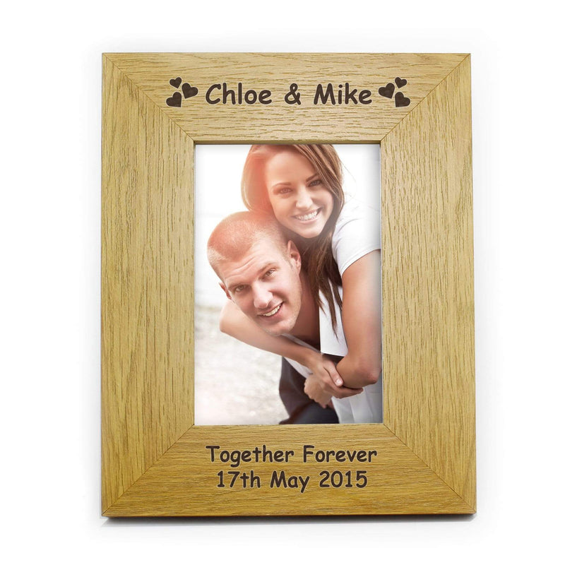 Personalised Memento Photo Frames, Albums and Guestbooks Personalised Hearts 4x6 Oak Finish Photo Frame
