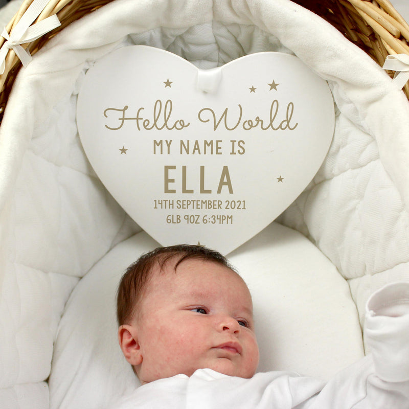 Personalised Memento Personalised Hello World Large Wooden Heart Decoration
