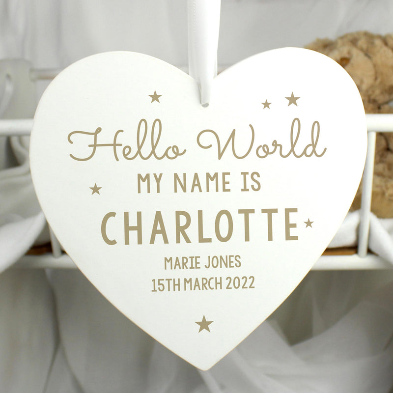 Personalised Memento Personalised Hello World Large Wooden Heart Decoration