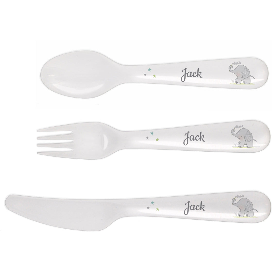 Personalised Memento Mealtime Essentials Personalised Hessian Elephant 3 Piece Plastic Cutlery Set