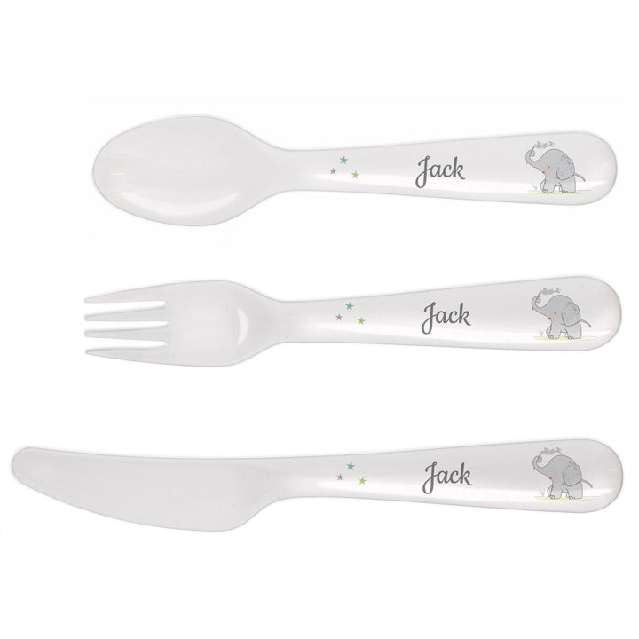Personalised Memento Mealtime Essentials Personalised Hessian Elephant 3 Piece Plastic Cutlery Set