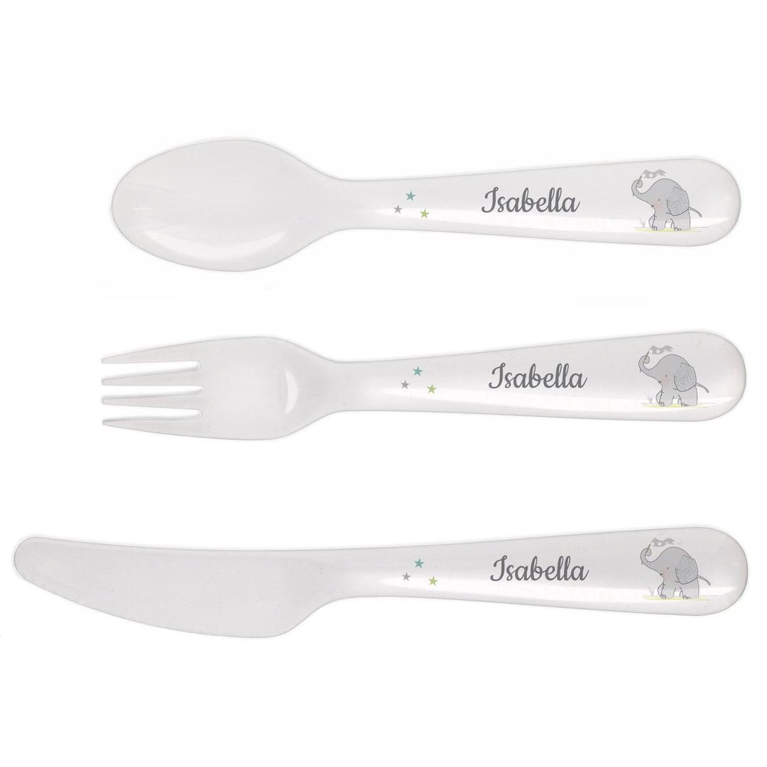Personalised Memento Mealtime Essentials Personalised Hessian Elephant 3 Piece Plastic Cutlery Set