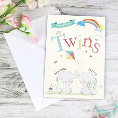 Personalised Memento Greetings Cards Personalised Hessian Elephant Twins Card