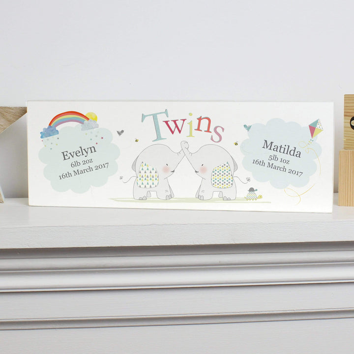 Personalised Memento Hanging Decorations &amp; Signs Personalised Hessian Elephant Twins Wooden Block Sign