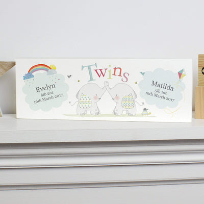 Personalised Memento Hanging Decorations & Signs Personalised Hessian Elephant Twins Wooden Block Sign