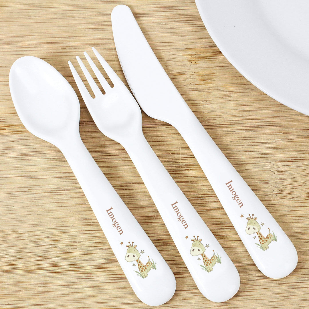 Personalised Memento Mealtime Essentials Personalised Hessian Giraffe 3 Piece Plastic Cutlery Set