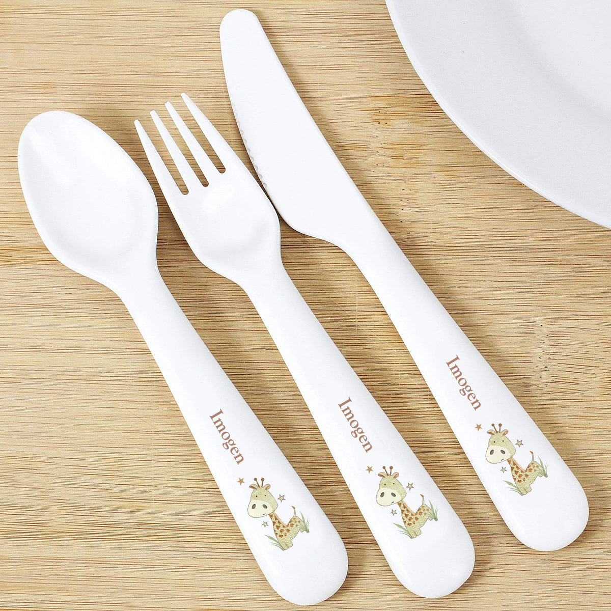 Personalised Memento Mealtime Essentials Personalised Hessian Giraffe 3 Piece Plastic Cutlery Set