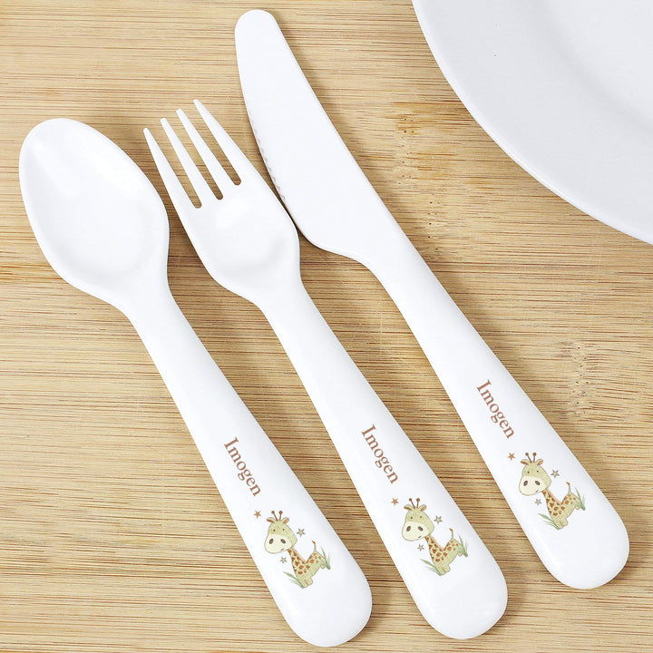 Personalised Memento Mealtime Essentials Personalised Hessian Giraffe 3 Piece Plastic Cutlery Set