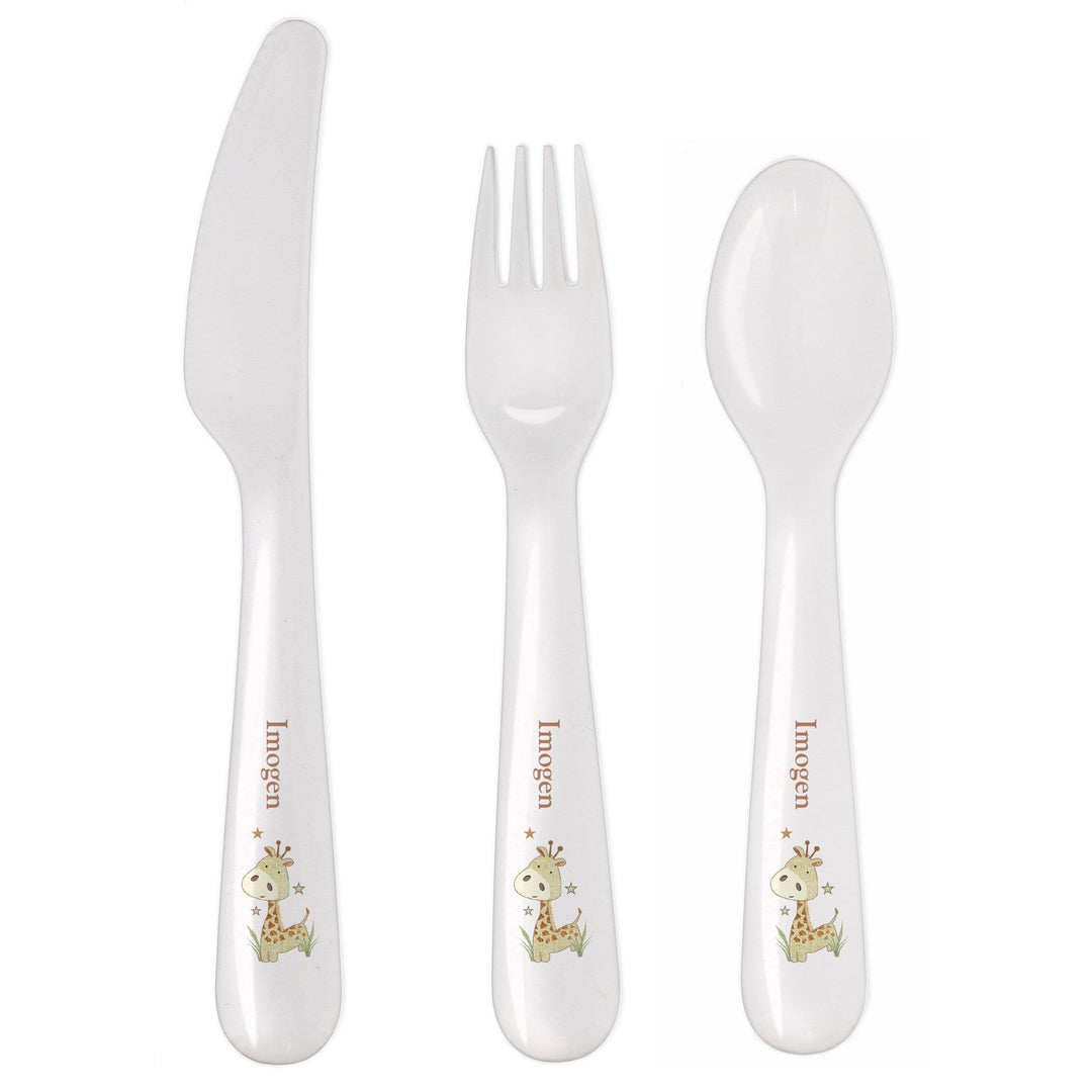 Personalised Memento Mealtime Essentials Personalised Hessian Giraffe 3 Piece Plastic Cutlery Set