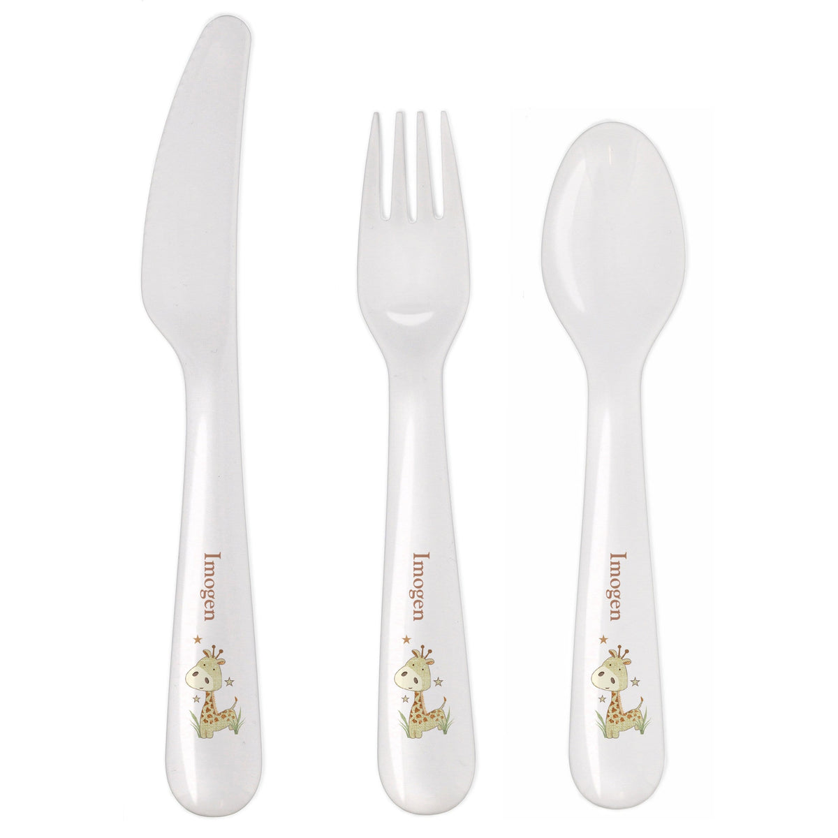 Personalised Memento Mealtime Essentials Personalised Hessian Giraffe 3 Piece Plastic Cutlery Set