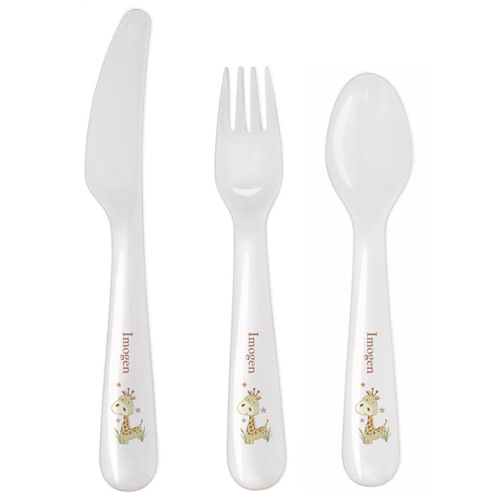 Personalised Memento Mealtime Essentials Personalised Hessian Giraffe 3 Piece Plastic Cutlery Set