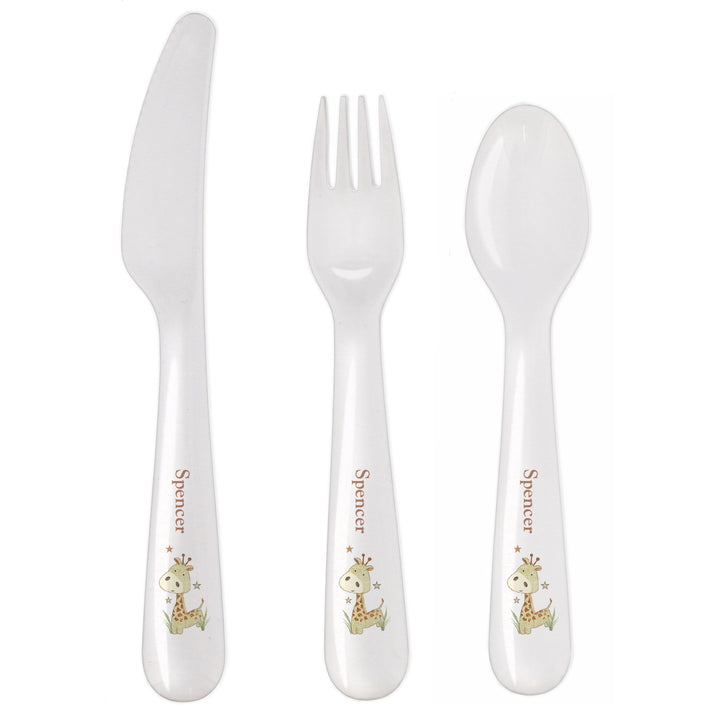 Personalised Memento Mealtime Essentials Personalised Hessian Giraffe 3 Piece Plastic Cutlery Set